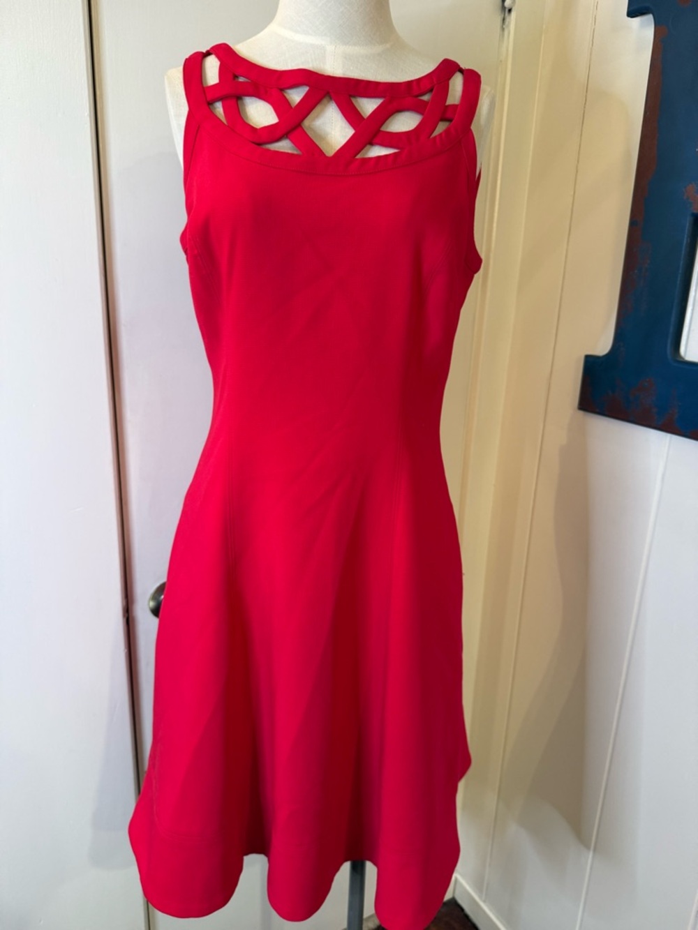White House Black Market Red Sleeveless Midi Dress with Cutout Lattice Neckline